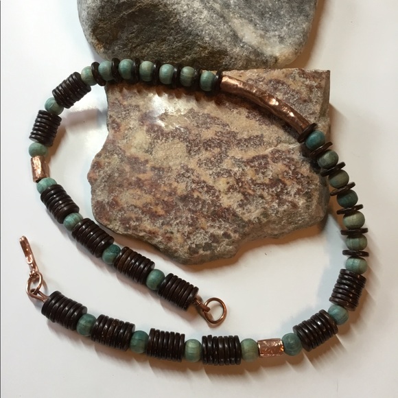 tribal style wood and copper necklace - Picture 5 of 7